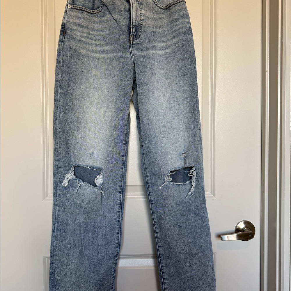 Express Light Blue Distressed Straight Leg Jeans